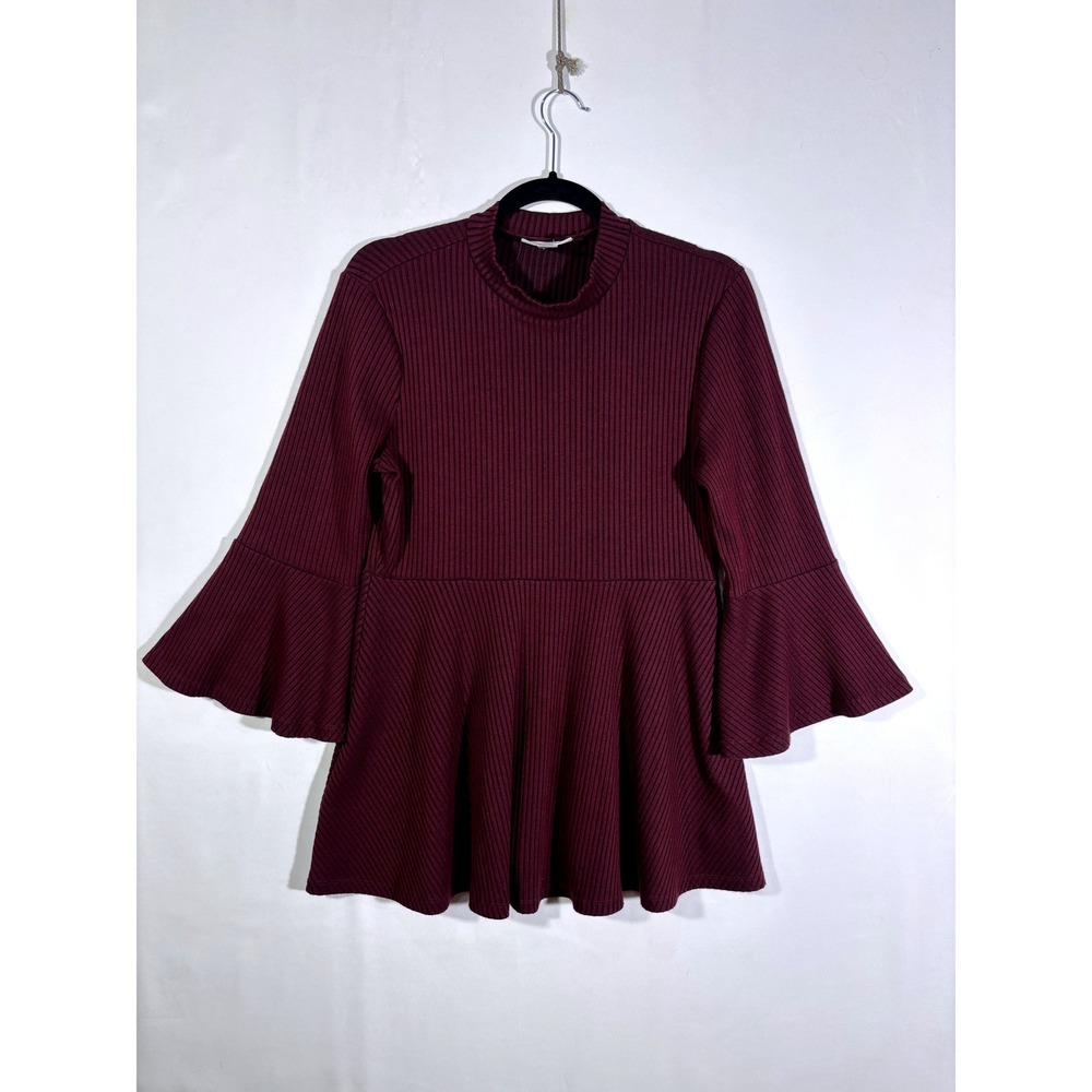 Chic Boho Ribbed Motherhood Maternity Peplum Top Women Large Burgundy